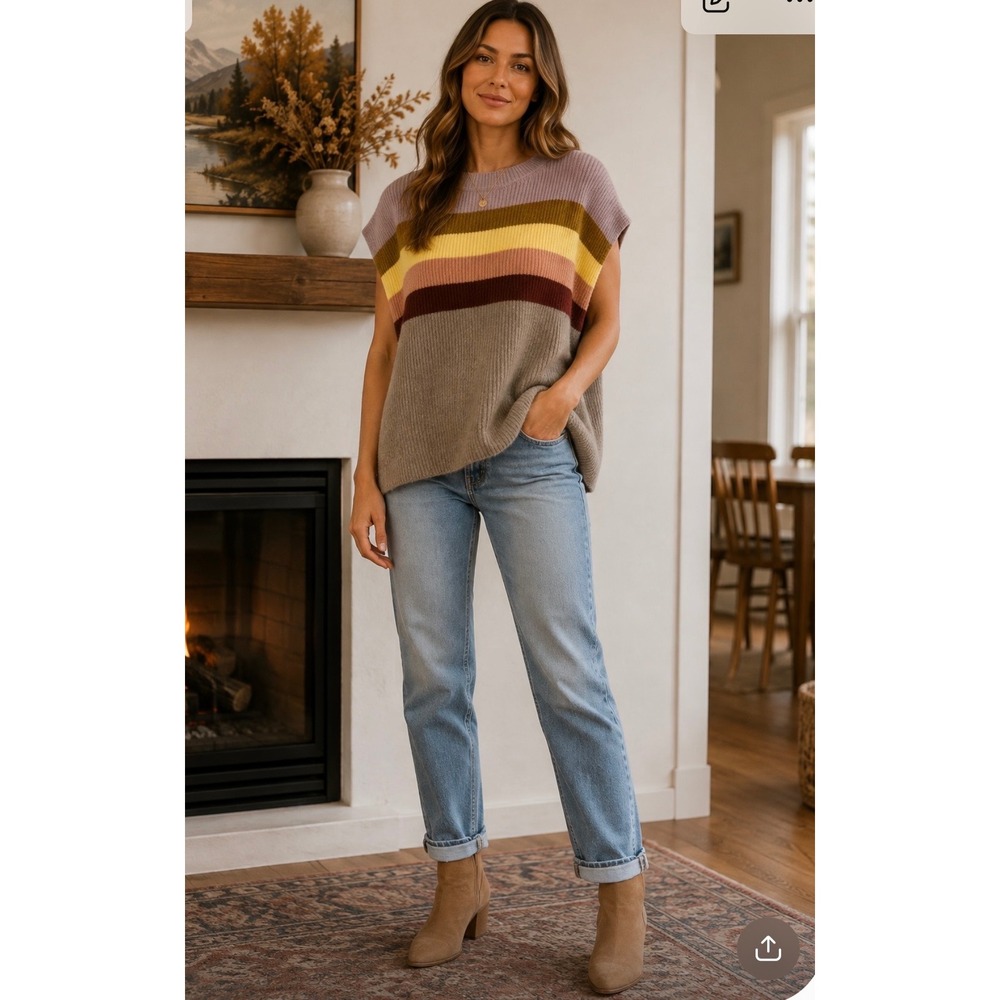 Davi & Dani Multi Stripe Ribbed Knit Poncho Sweater Earth Tones  Medium